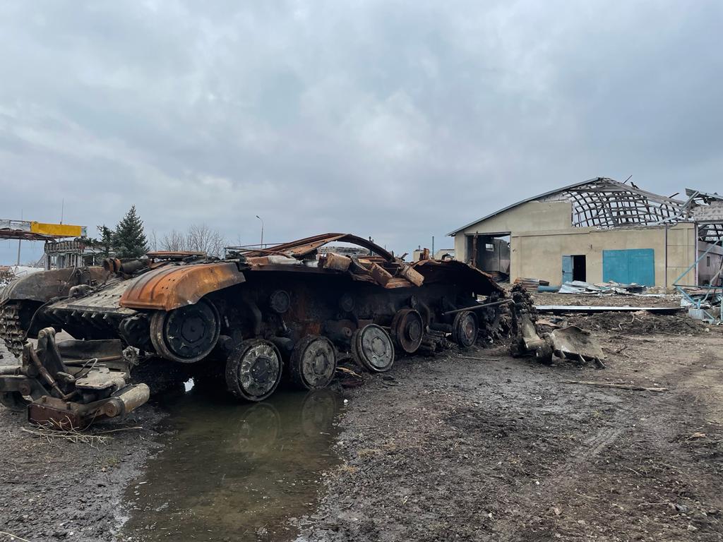 Remains of a Ukrainian T62 tank and other damage in the destroyed village of Posad Pokrovsk, near Kherson. Scene of a frontline battle last month. 